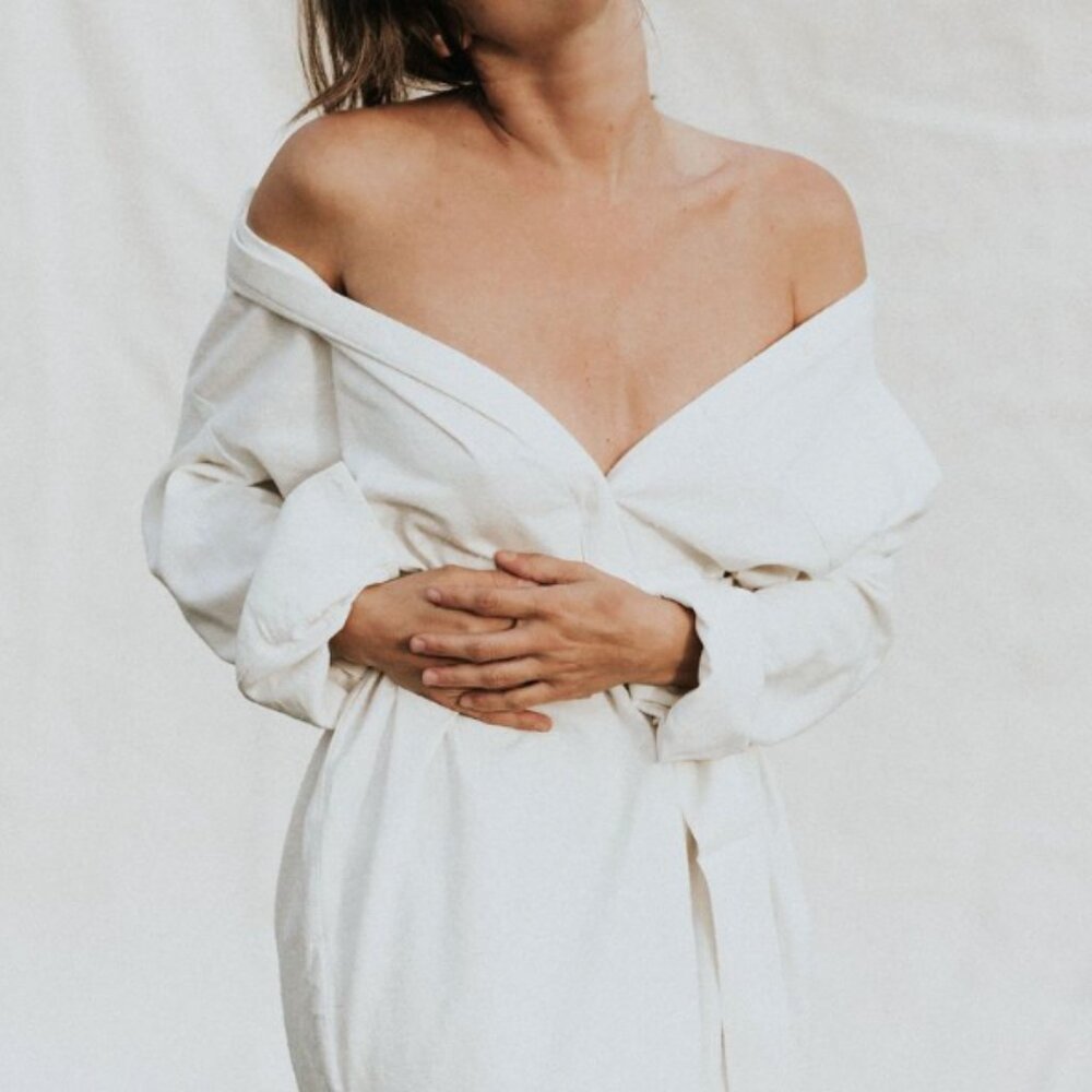 BAHHGOOSE Inge Button up Raw Silk fiber maxi dress in Ivory